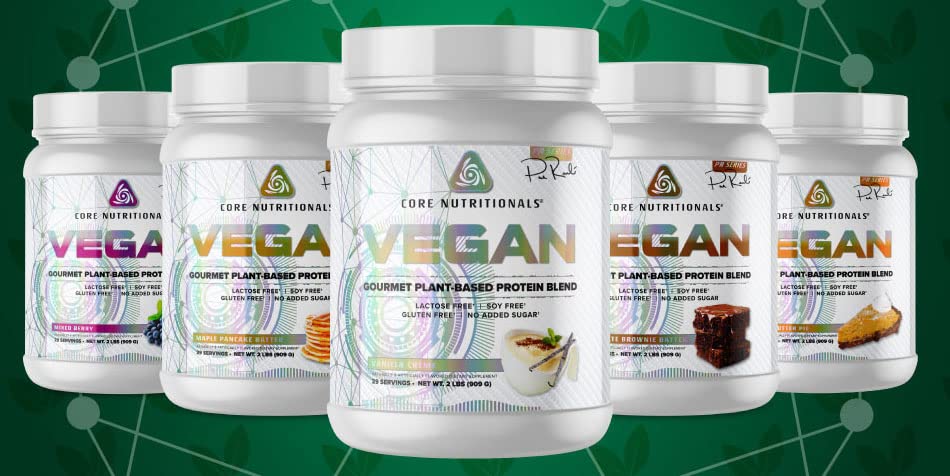 Core VEGAN packaging with ingredients list emphasizes vegan-friendly amino profile.