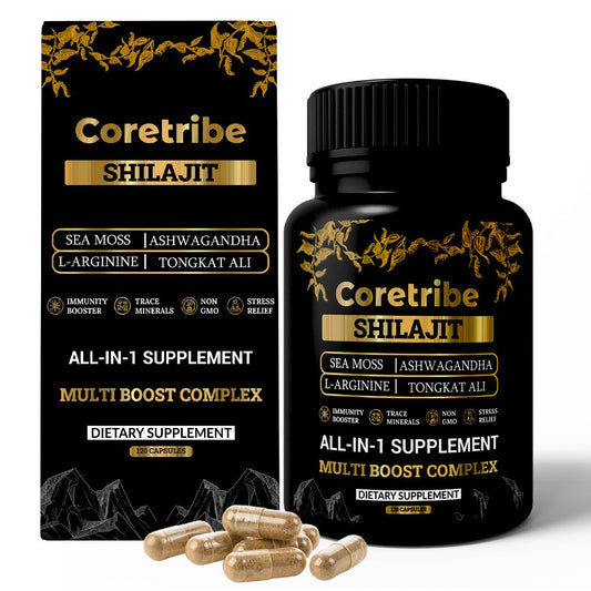 Coretribe Shilajit capsules bottle front for daily energy support.