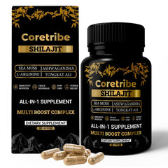 Coretribe Shilajit capsules bottle front for daily energy support.
