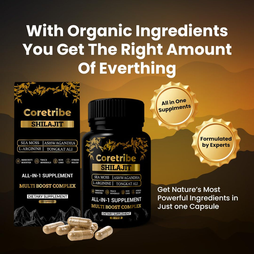 Coretribe Shilajit capsules with Sea Moss visible highlighting sea moss.