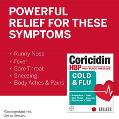 Close-up of Coricidin HBP cold tablets ready for fast symptom support.