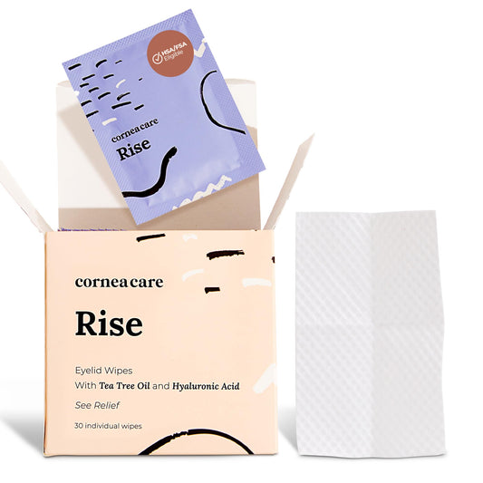 CorneaCare Rise eyelid wipe close-up with tea tree oil for gentle cleansing