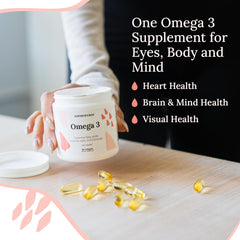 CorneaCare Triple Strength Omega 3 bottle with glass of water.