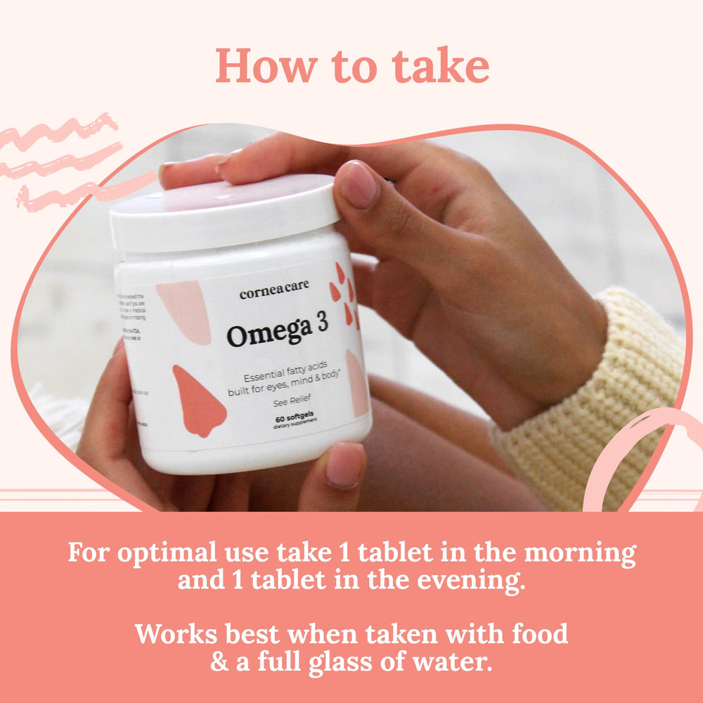 CorneaCare Omega 3 packaging on kitchen counter for wellness routine.