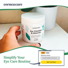 CorneaCare vitamins being poured from bottle into glass during daily routine.