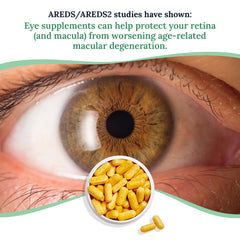 CorneaCare vitamins next to a vision health chart illustrating focus support.