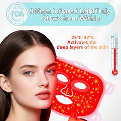 Coroever red-light face-mask wearer using device for soothing skincare
