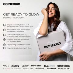 CORREXIKO capsules closeup emphasizes hydrolyzed collagen for absorption and skin support.