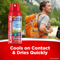 Cortizone-10 mist dispense demonstrates fine cooling spray for itch comfort.