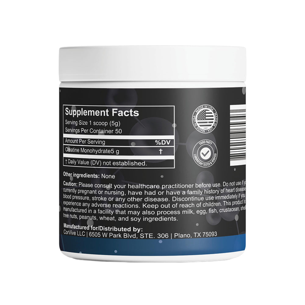 Close-up of CorVive Creatine Monohydrate powder jar showing vegan, gluten-free formula