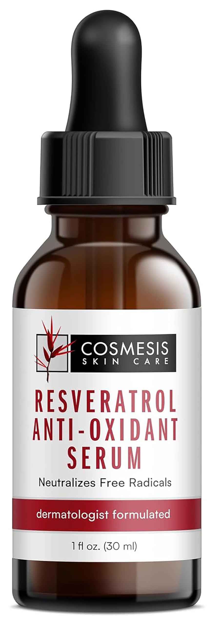 Cosmesis Resveratrol Serum bottle front view showing antioxidant protection for youthful skin.