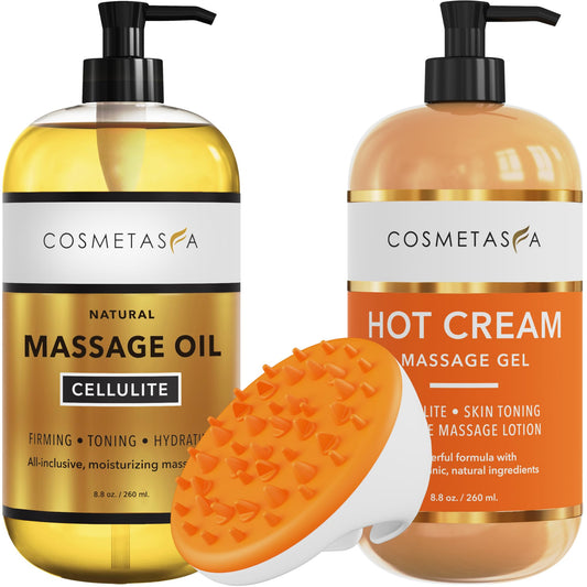 Cosmetasa cellulite massage oil bottle for firming and hydration.