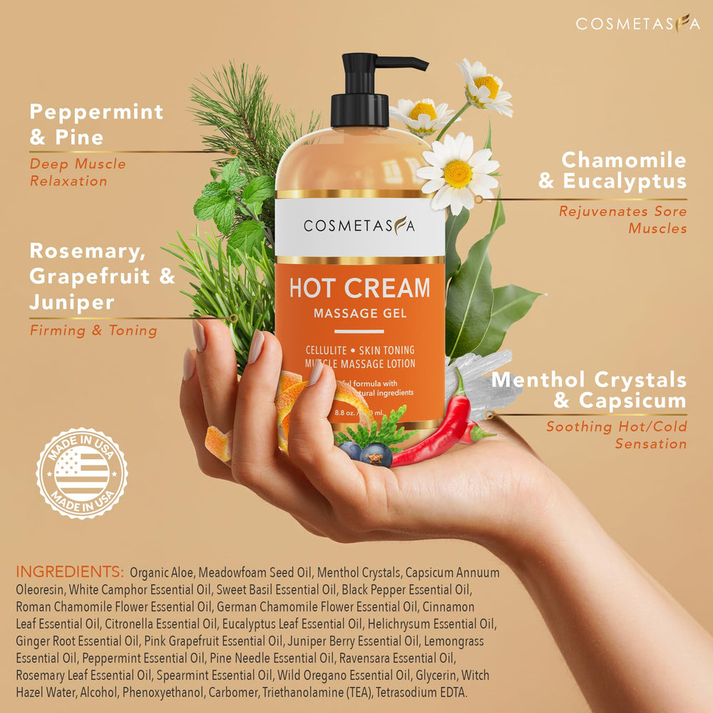 Cosmetasa hot cream massage gel jar for warming therapy and circulation.