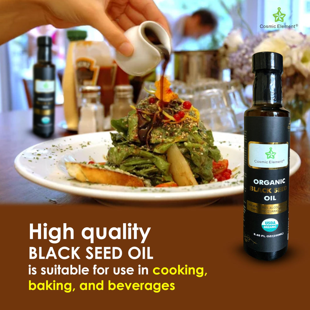 Cosmic Element Black Seed Oil amber bottle preserving freshness of the oil