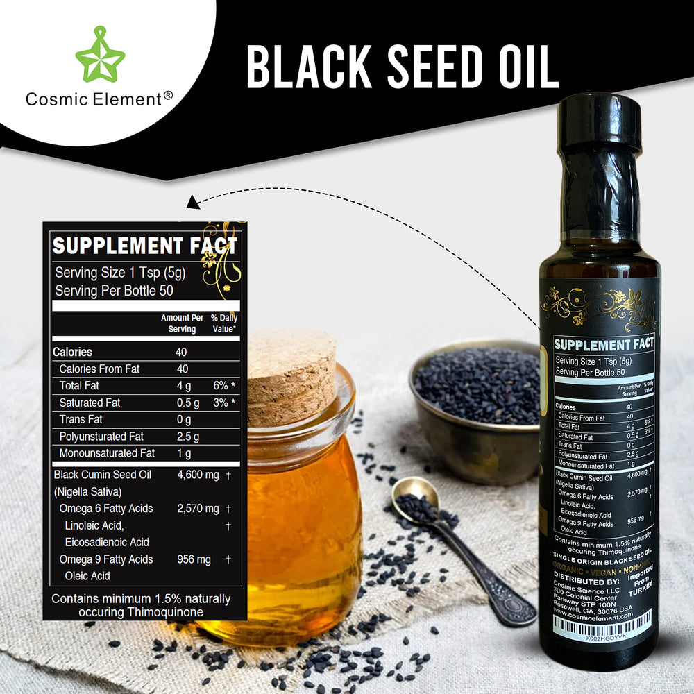 Cosmic Element Black Seed Oil packaging emphasizing organic origin and quality