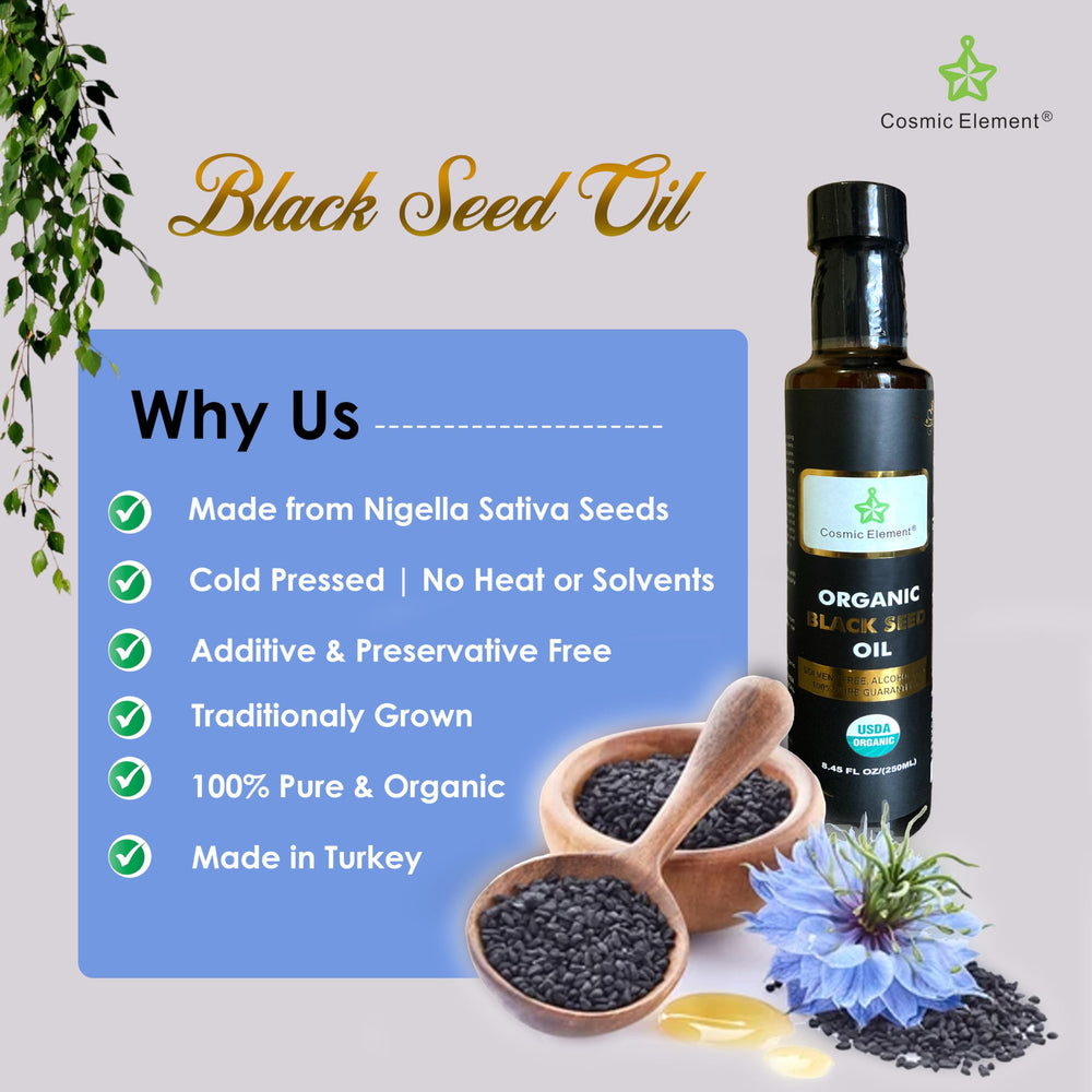 Cosmic Element Black Seed Oil measuring spoon showing convenient dosage for daily use