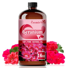 CosmicVeil Geranium essential oil bottle 16oz close-up for diffuser use and fragrance.