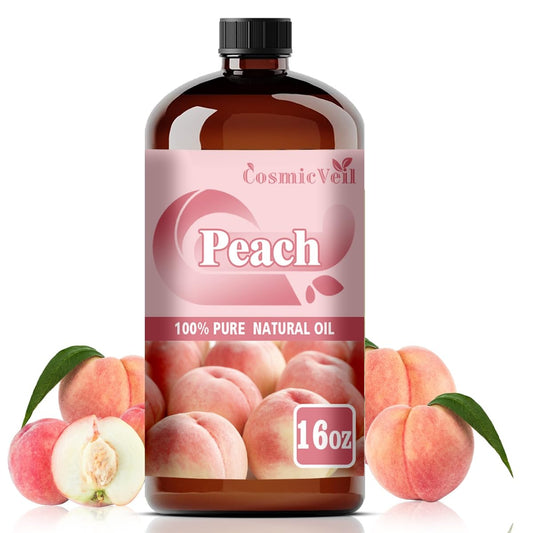 CosmicVeil Peach oil in an amber bottle preserves freshness for easy storage.