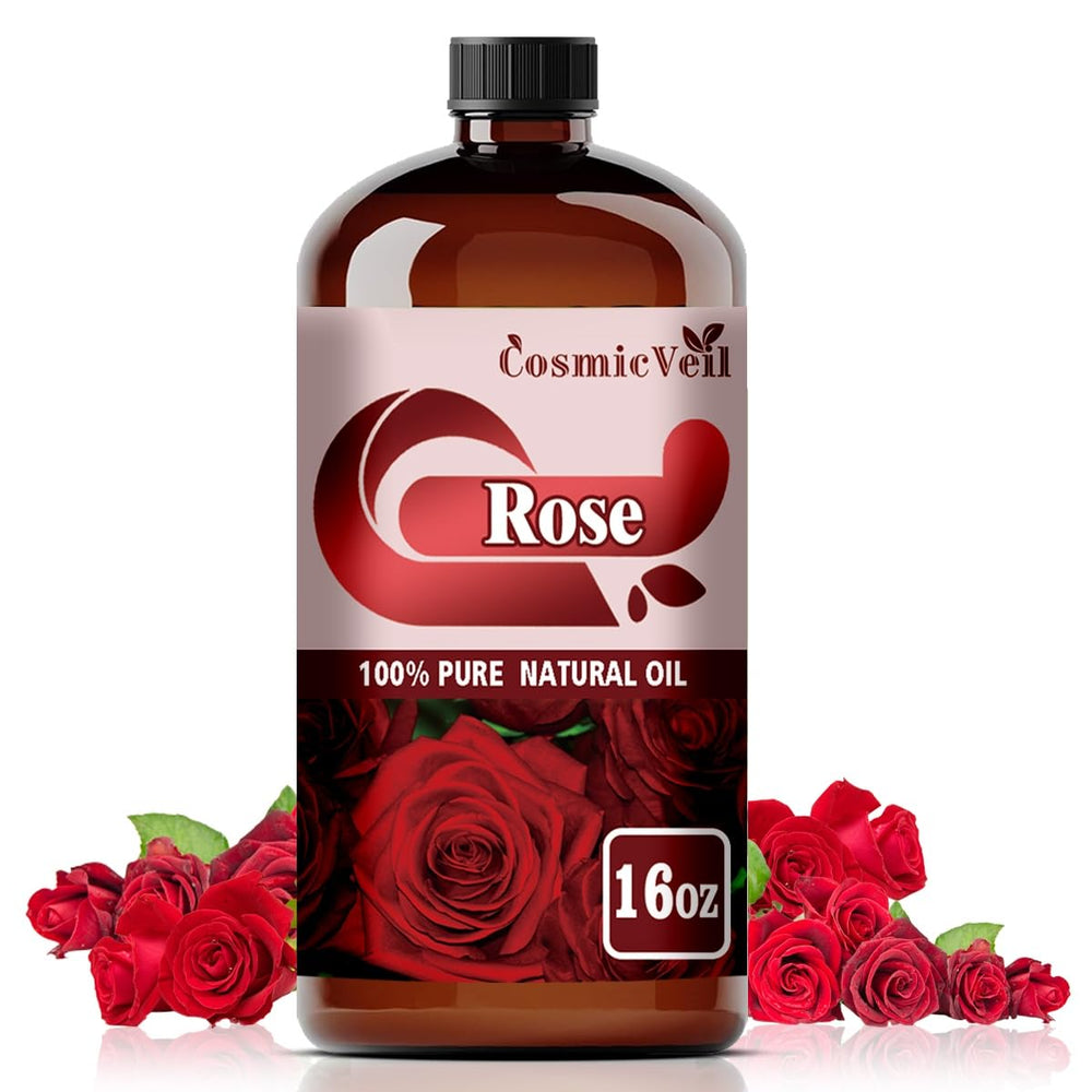 CosmicVeil Rose essential oil in amber bottle for pure aroma in diffusers