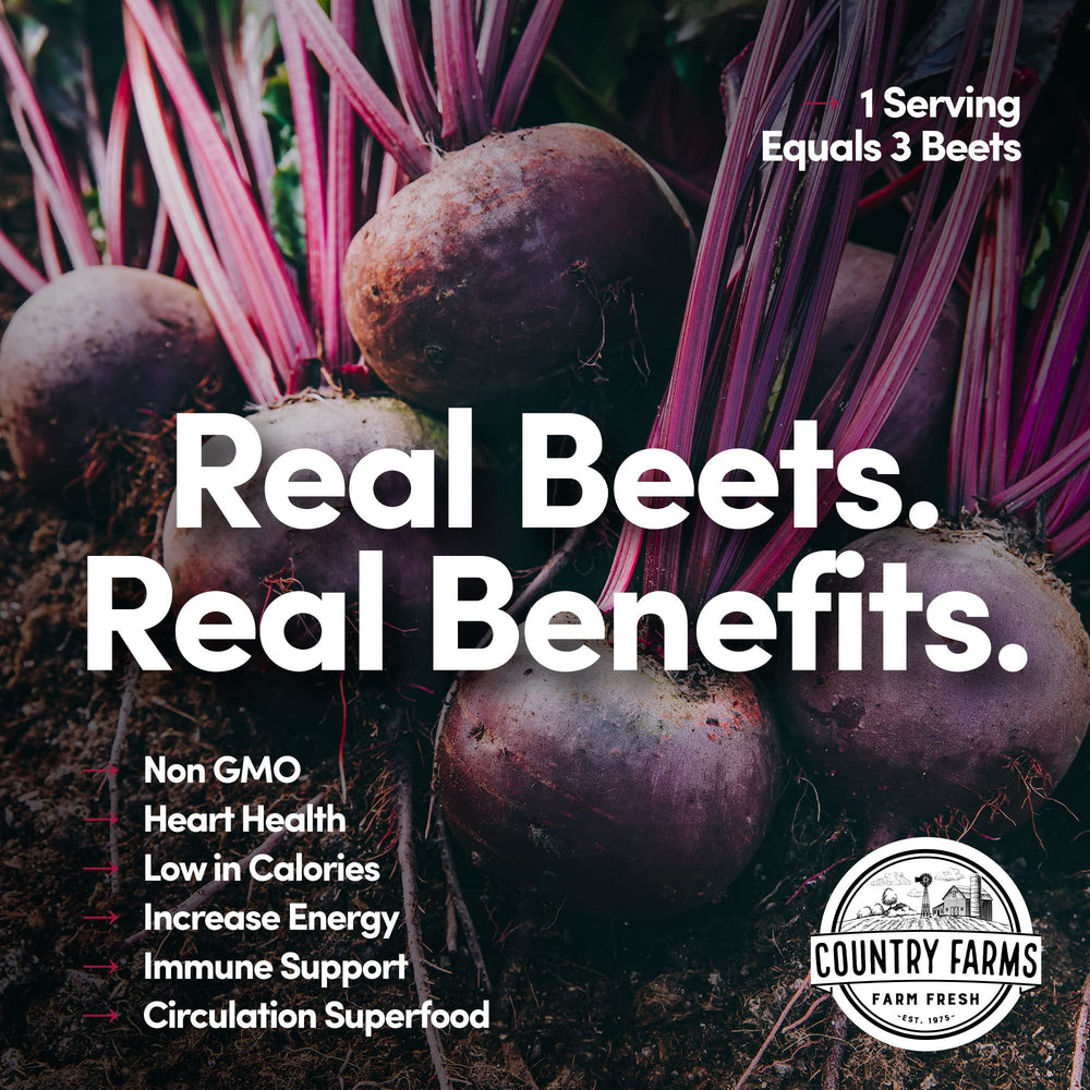 Country Farms Bountiful Beets Powder packaging emphasizes 60 servings and beet benefits.