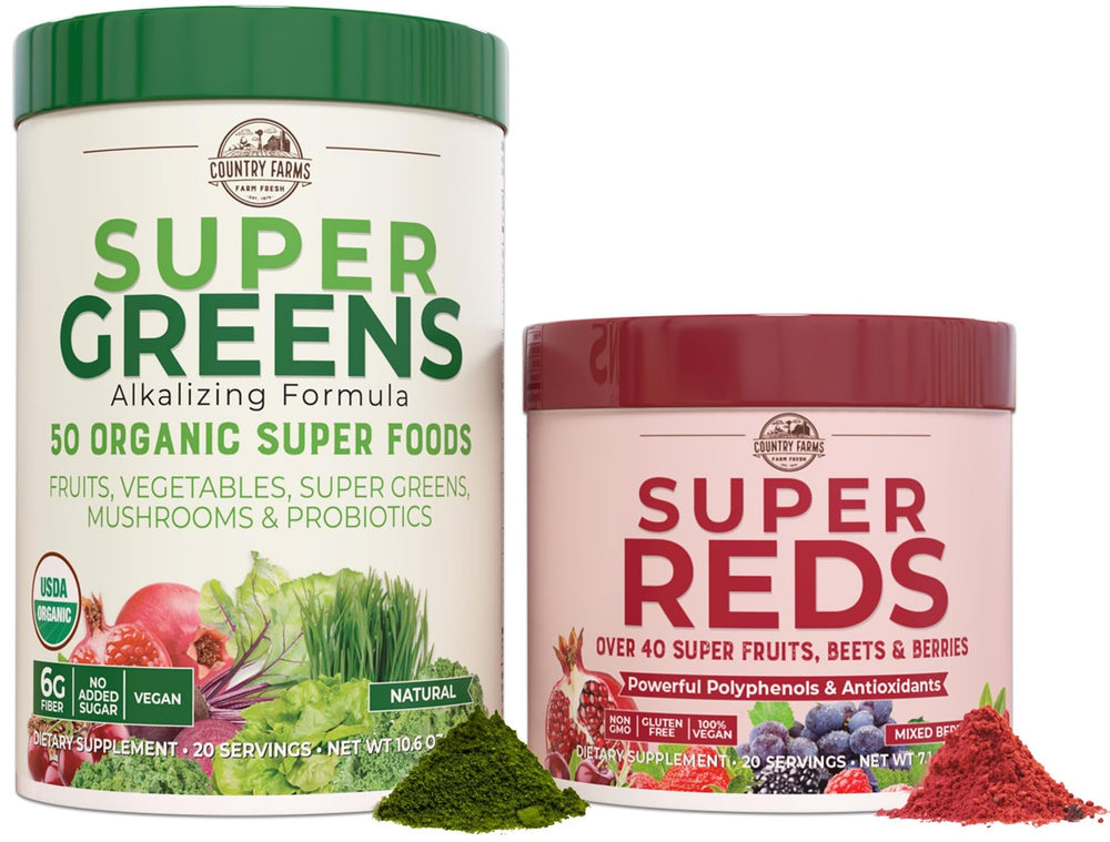 Country Farms Essential Pack Super Greens bottle showing greens blend for natural energy.