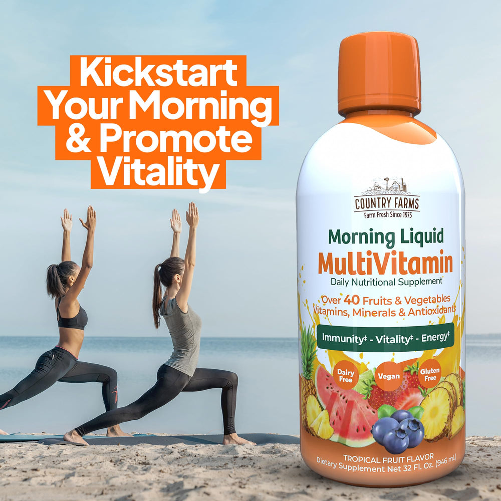 Close view of the fruits and vegetables in Country Farms Morning Liquid Multivitamin blend.