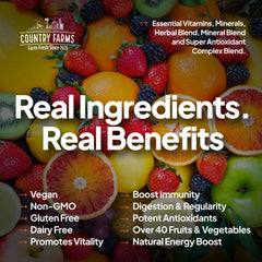 Glass of Country Farms Morning Liquid Multivitamin with tropical fruit flavor served as a refreshing daily boost.