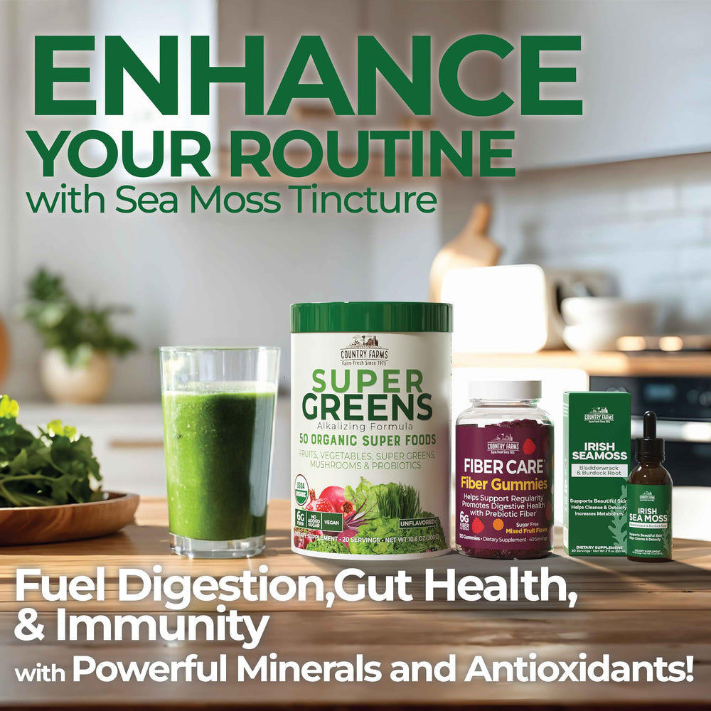 Morning wellness setup with sea moss tincture beside gummies and greens.