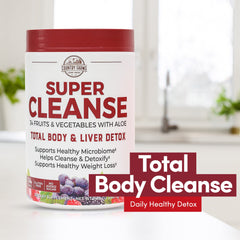 Country Farms Super Cleanse measuring scoop resting on the counter.