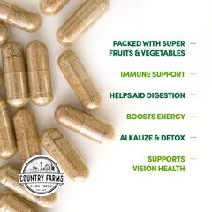 Country Farms Super Fruits and Veggies front label emphasizes 30 super foods for balanced nutrition.