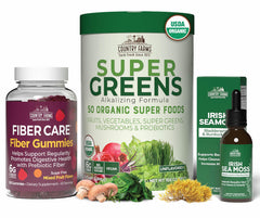 Country Farms Super Greens bottle on a bright desk boosts daily energy and vitality.