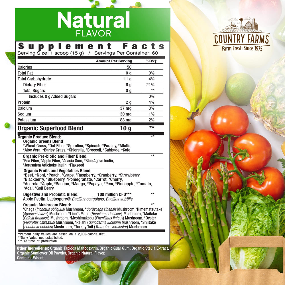 Country Farms Super Greens probiotics highlight gut health and digestion support.