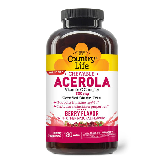 Country Life Acerola Vitamin C Complex bottle showing berry-flavored wafers ideal for daily immune support