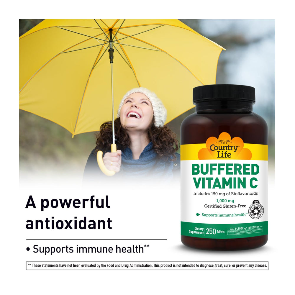 Country Life bioflavonoids-enhanced Vitamin C depiction highlights natural antioxidants.
