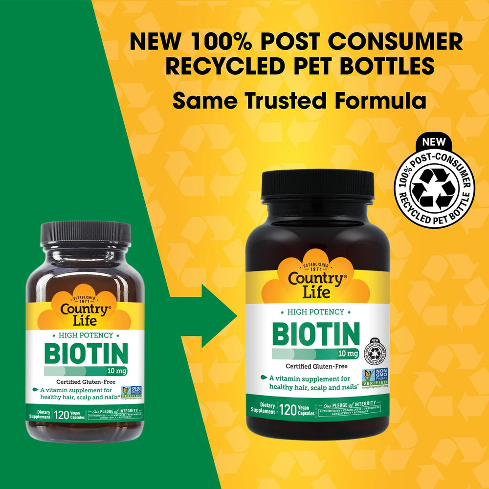Country Life biotin 10mg capsules ready to take as vegan gluten-free daily supplement