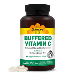 Country Life Buffered Vitamin C 1000mg bottle highlighting immune support potential.