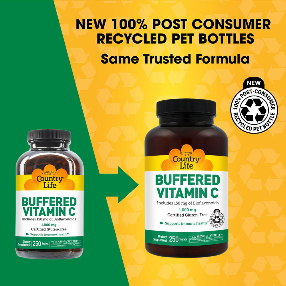 Country Life Buffered Vitamin C 1000mg capsules close-up showing vegan capsules.