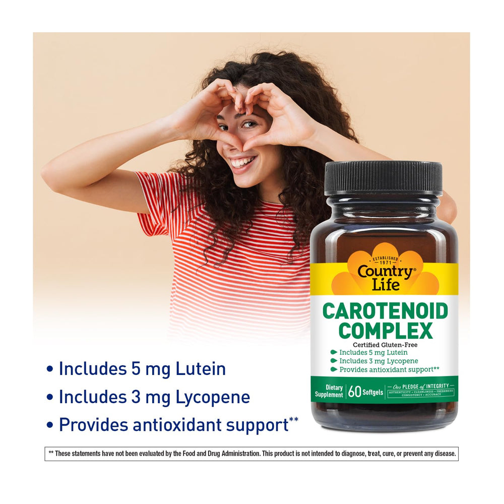 Country Life Carotenoid Complex bottle side highlighting vitamin A content