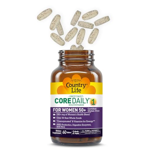 Country Life CORE Daily-1 for Women 50+ bottle back shows serving details for daily nutrition planning.