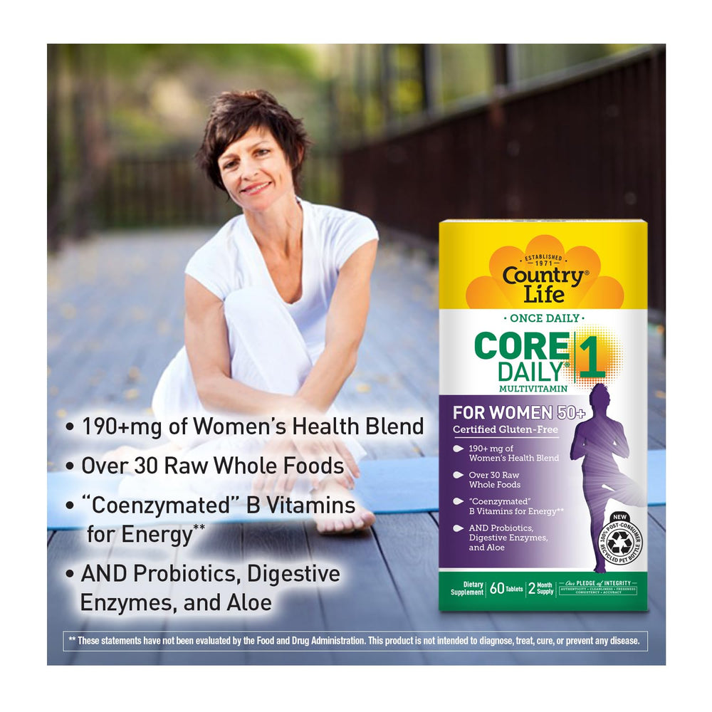 Country Life CORE Daily-1 for Women 50+ label close-up showcasing coenzymated B vitamins for steady energy.