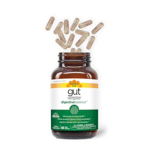 Country Life Gut Connection capsules shown beside bottle for daily use.