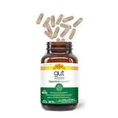 Country Life Gut Connection capsules shown beside bottle for daily use.