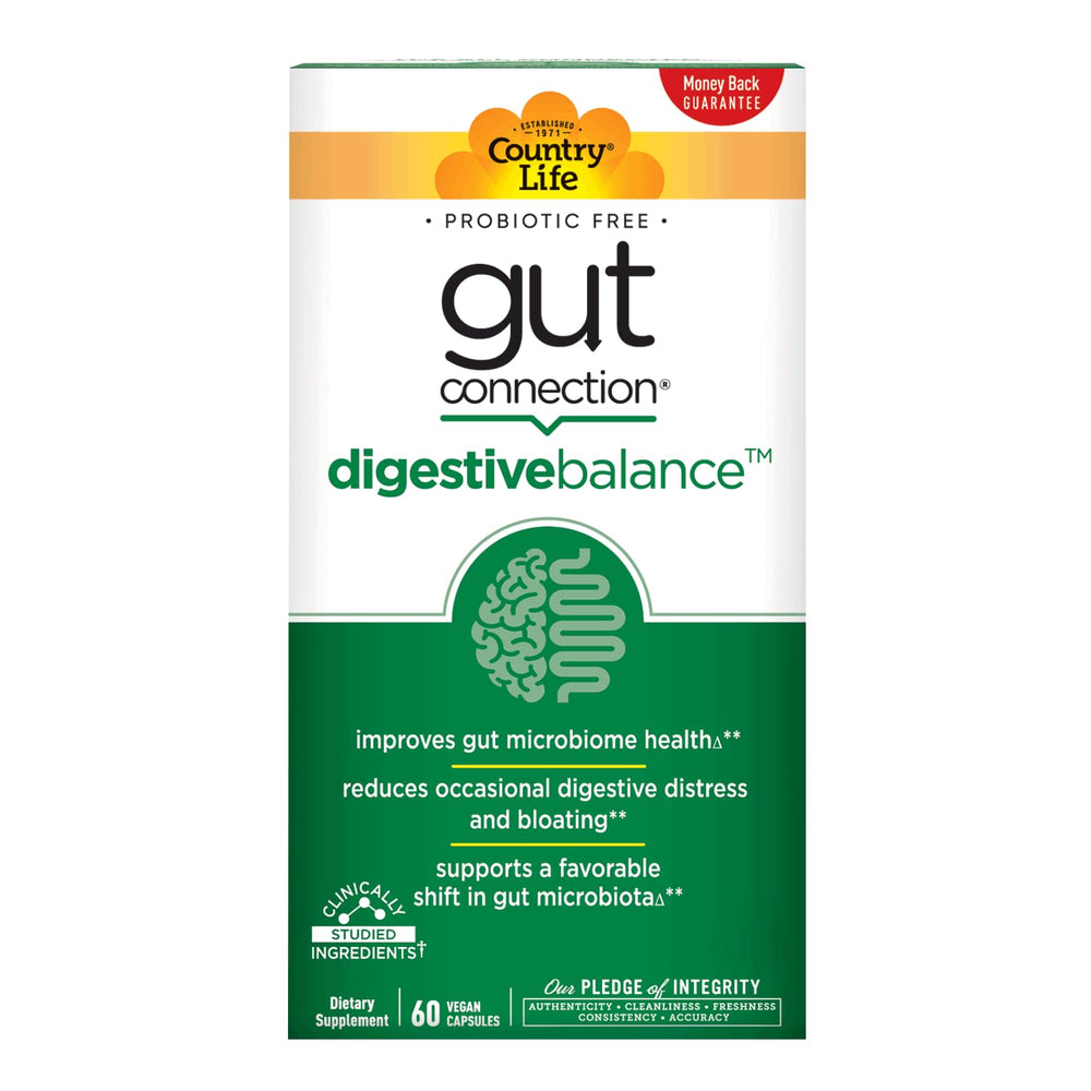 Country Life Gut Connection gluten-free and vegan certification seals shown.