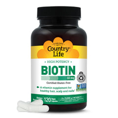 Country Life high-potency biotin 10mg bottle close-up for daily beauty support