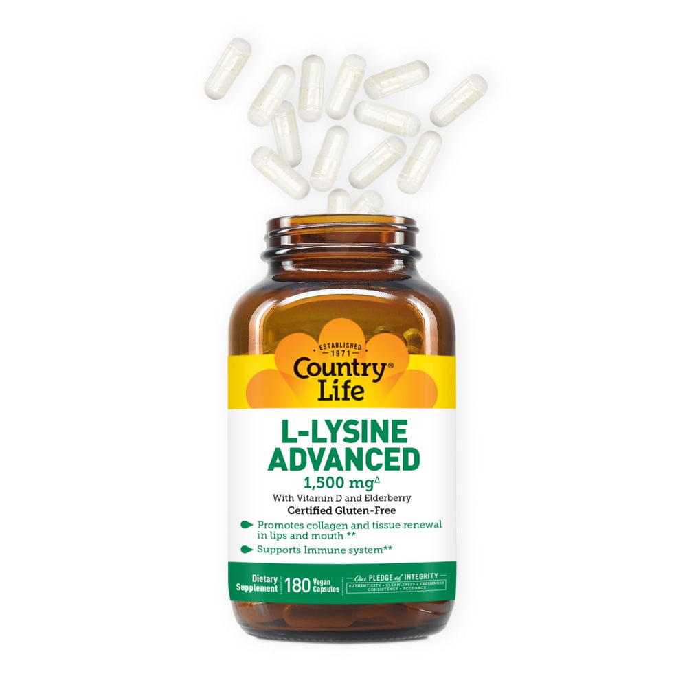 Country Life L-Lysine 1500mg capsules close-up emphasizing easy daily dose