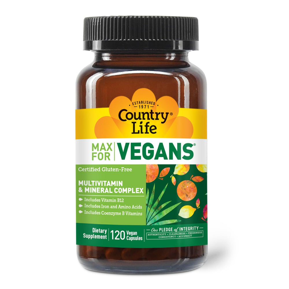 Country Life Max for Vegans capsules closeup highlighting vegan capsules for energy and immune balance