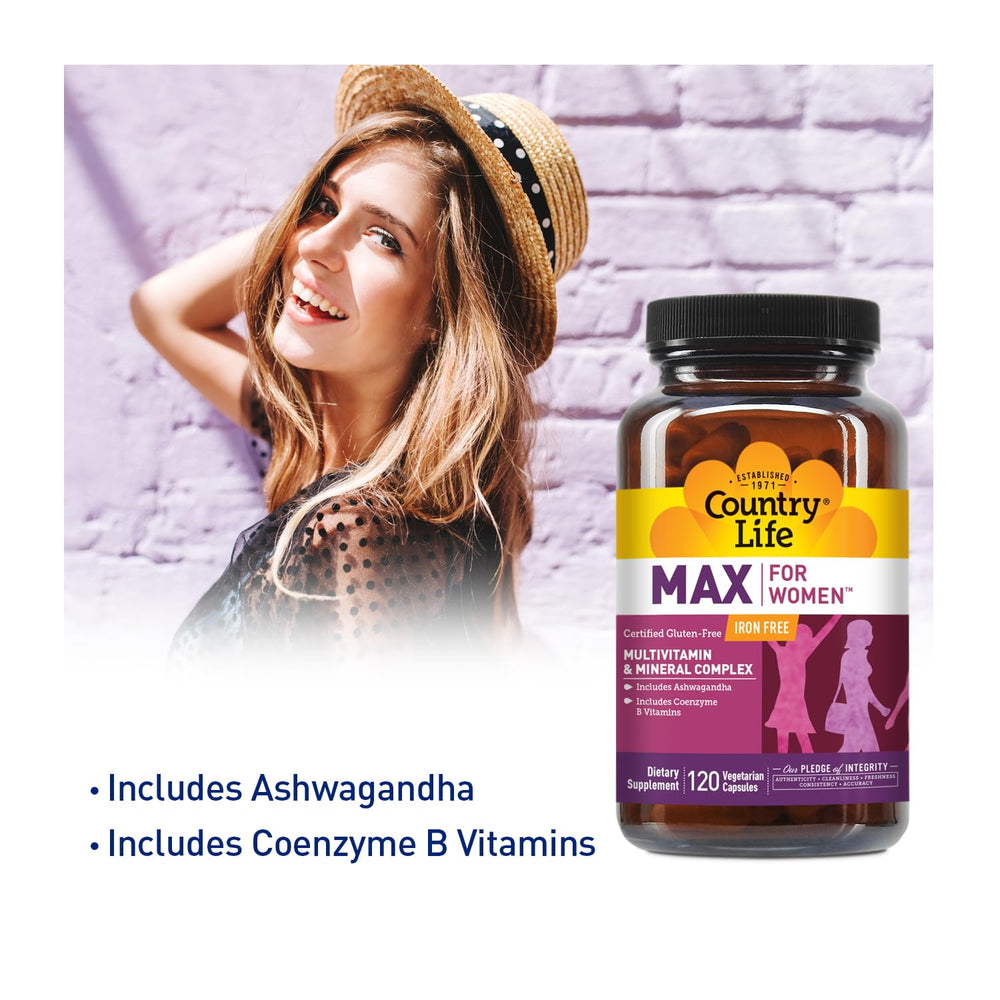 Country Life Max for Women capsules packaging highlighting iron-free formula.