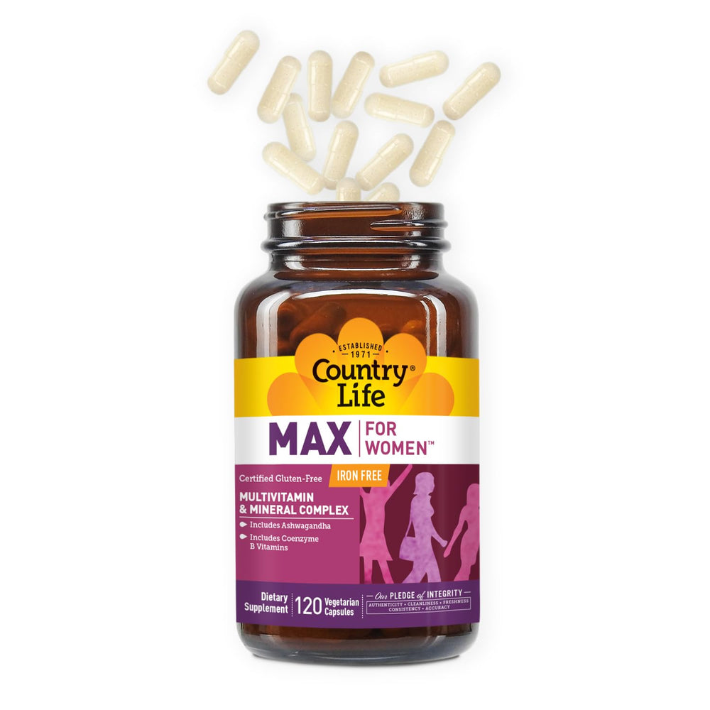 Country Life Max for Women vegan capsules on a clean background.