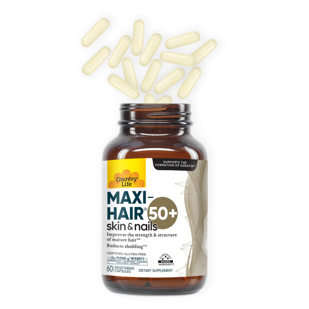 NSF-GMP facility badge associated with Country Life Maxi-Hair 50+.