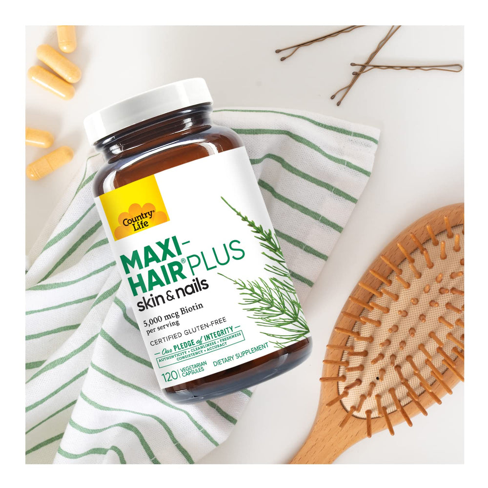 Country Life Maxi-Hair Plus Biotin vanity shot with skincare for daily routine